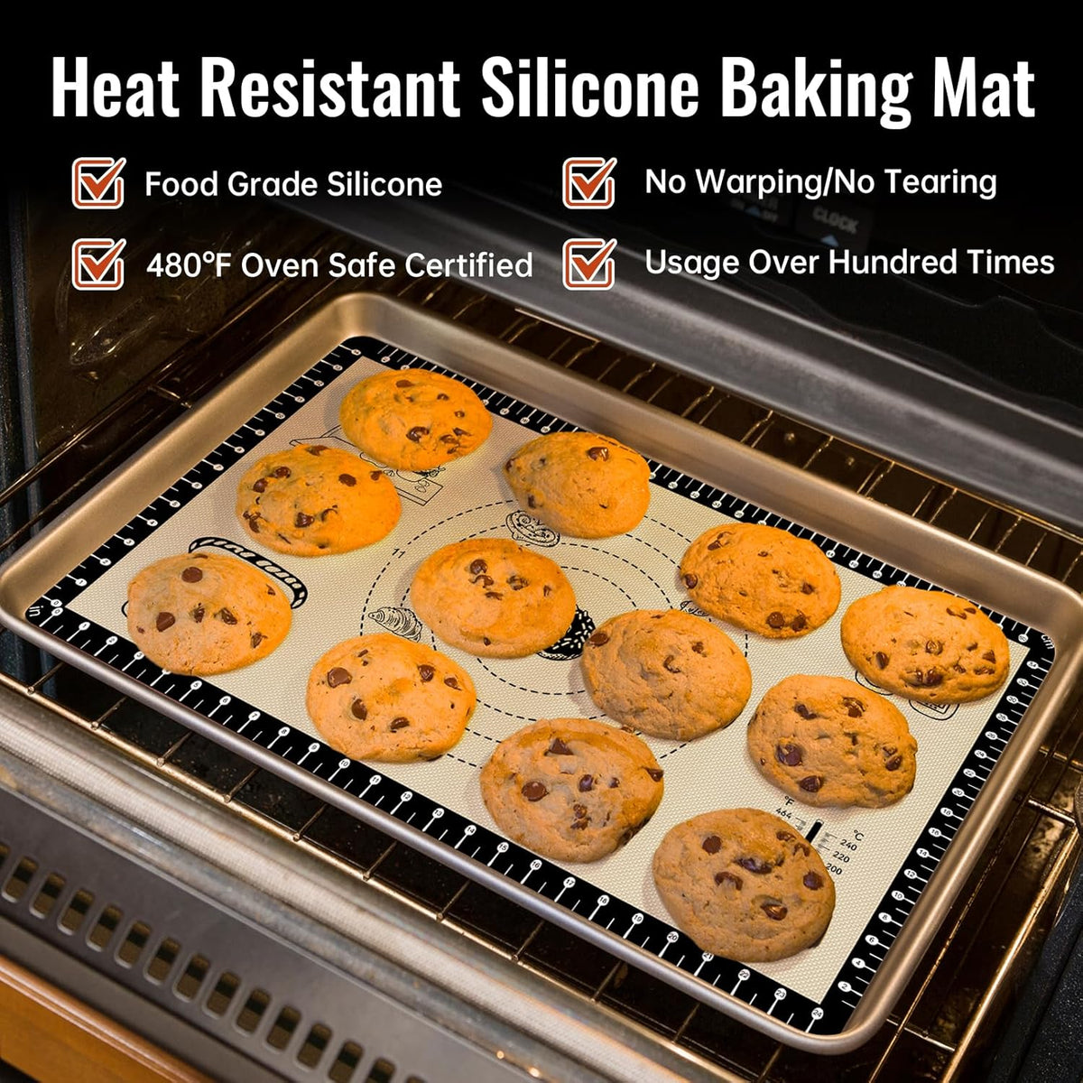 Extra Thick Silicone Baking Mat with 10 Easy Recipes,Silicone Mat for Baking, Non Stick Pastry Mat for Dough Rolling, Macaron, Cookie, bread, Pizza, Fondant/Pie Crust, Oven& Dishwasher Safe