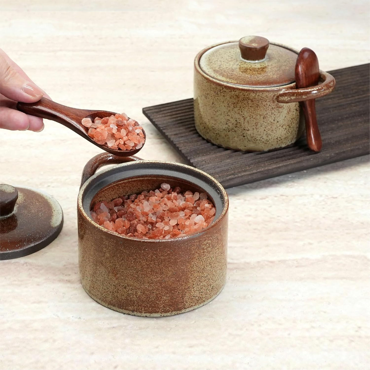Handcrafted Speckled Ceramic Salt Cellar with Wooden Spoon, Rustic Vintage Spice Jar, Dishwasher Safe, 8.45 fl oz (Peckled Ceramic set of 2)