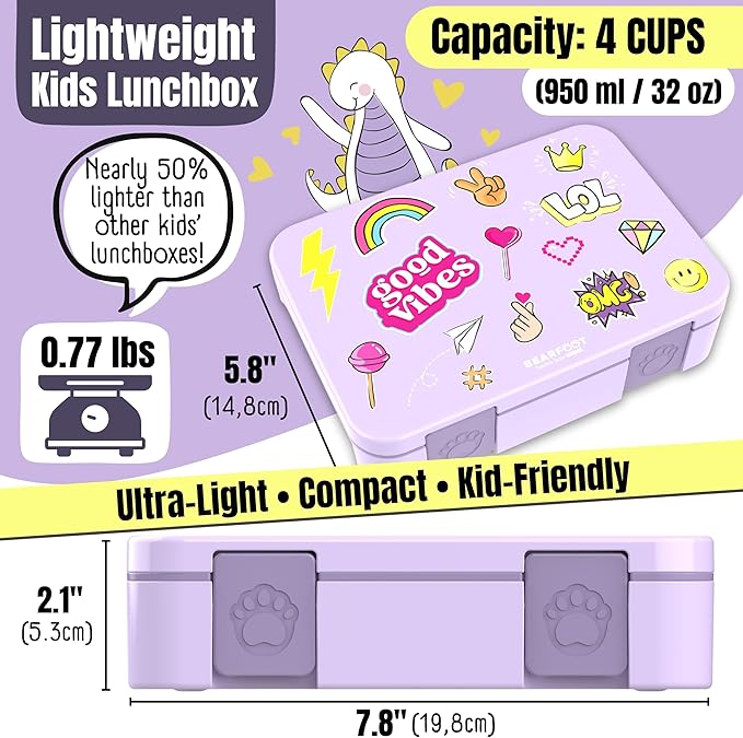 BEARFOOT Kids Lunch Box with Compartments – Compact & Lightweight | Leak-Proof, BPA-Free, Dishwasher & Microwave Safe | Hand-Drawn Design for Preschool, School, Travel (Sticker Purple, 4 Cups)