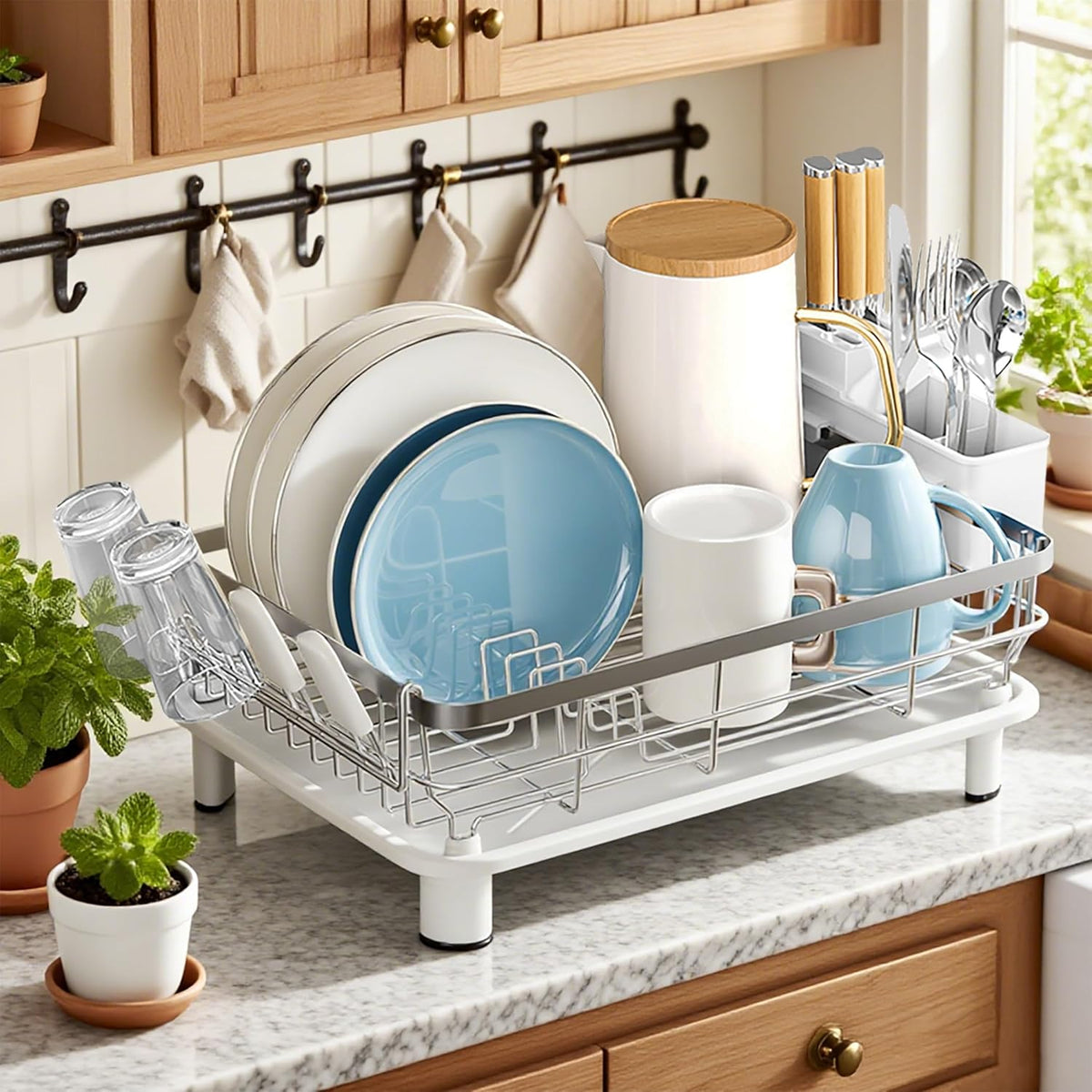 MOUKABAL Dish Drying Rack - Stainless Steel Dish Rack, Dish Racks for Kitchen Counter, Drying Rack Kitchen with Removable Utensil Holder, Drainboard and Glass Organizer (White)