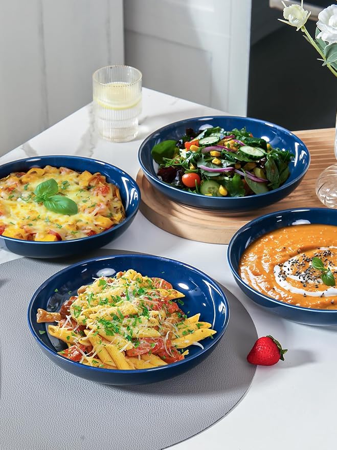 Y YHY 8.5" Vivid Blue Pasta, Salad & Soup Serving Bowls Set of 4, 32oz Large Ceramic, Microwave, Oven & Dishwasher Safe, Sturdy Porcelain Perfect for Daily Dining, Family Gatherings, Parties