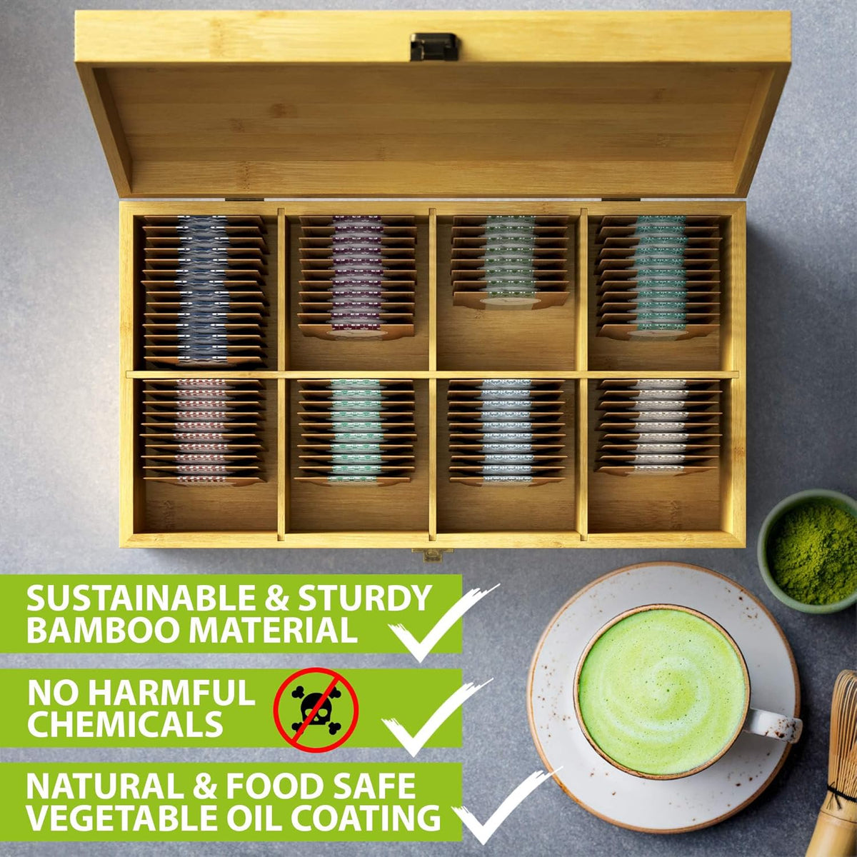 Bamboo Tea Organizer Box Chemical Free Eco-Friendly Big, Tall, Adjustable Cubbies Natural Wooden Storage Chest (8-Slot 14.3" x 8.1" x 4.2" with Tea Time Pot & Cups)