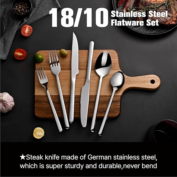 KINGSTONE 36-Piece Silverware Set with Steak Knives, Flatware Set for 6, Stainless Steel Tableware Cutlery Set for Home Restaurant, Mirror Finish,Modern Design