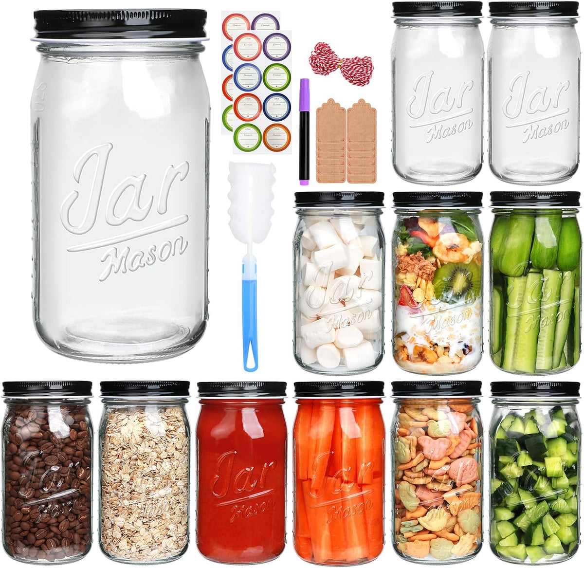 QAPPDA Wide Mouth Mason Jars 32 oz 12 Pack, Large Glass Jars Canning Jar with Lids for Pickling, Storage Food, Meal Prep, Jams, and Spices