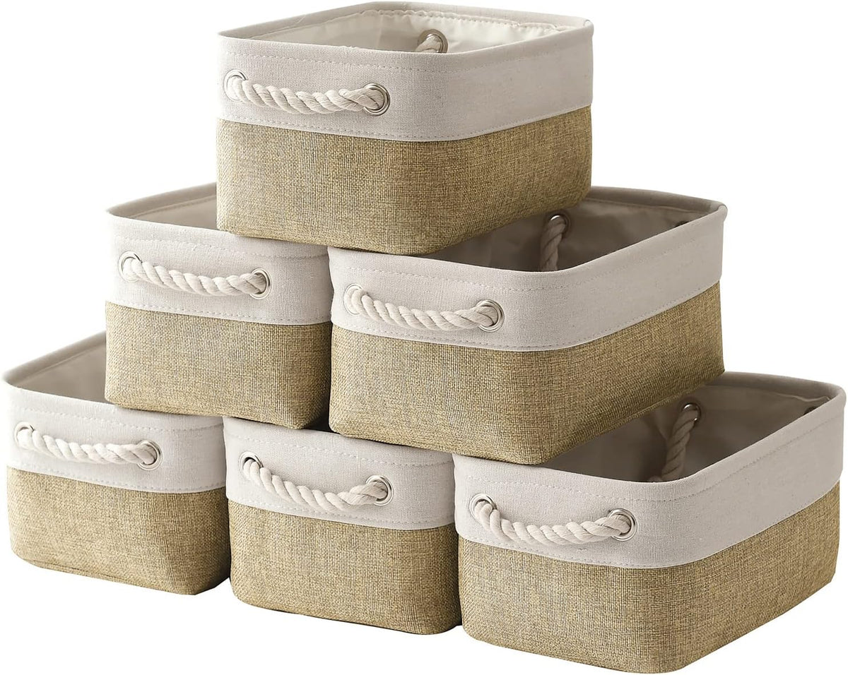 TheWarmHome Storage Basket for Shelves - 12x8x5.2 inch Small 6 Pack Collapsible Storage Bin for Closet with Handles, Fabric Storage Cubes for Cloth Organizer Gift Toy Decorative (White & Khaki)