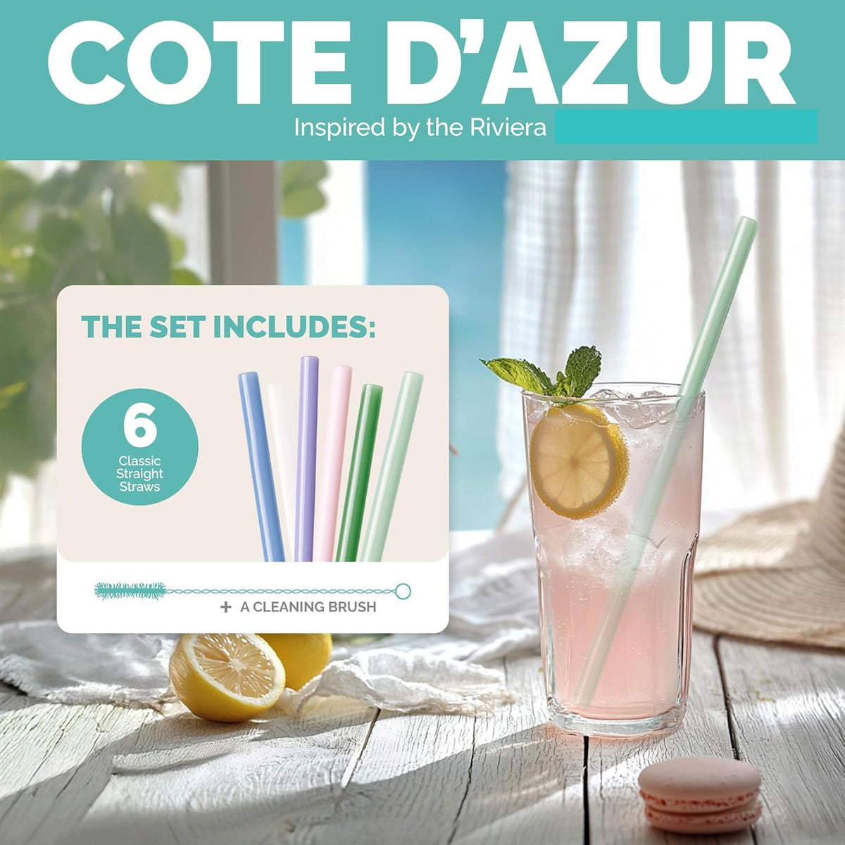Simply Straws 10 Inch Glass Straws Straight (6-Pack) – Reusable Glass Straws for 24 Oz Mason Jars & Tumblers, with Cleaning Brush – Durable, Dishwasher Safe, Hot & Cold Use, BPA-Free (Cote d'Azur)
