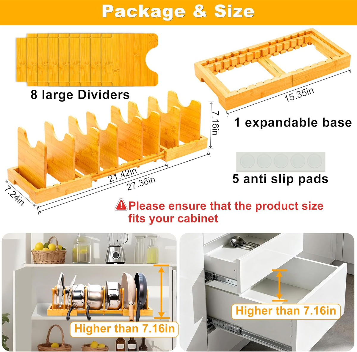 MinBoo Bamboo Expandable Pot Lid Organizer Pot Lid Holder, Pot and Pan Organizer Drawer Organizer for Pot Lids, Adjustable Dividers for Kitchen Cabinet Organizers and Storage,Small