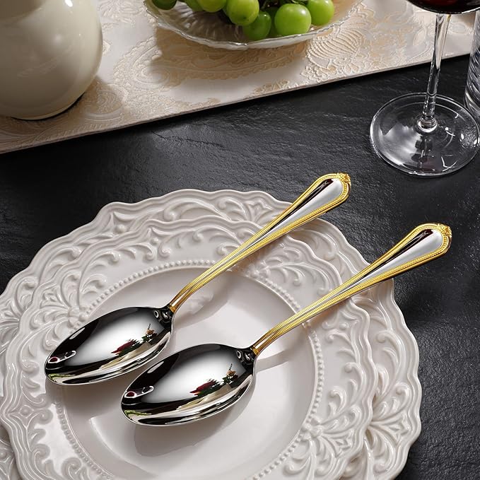 KEAWELL Pearl Edge 4-Piece Premium Spoon Set, 18/10 Stainless Steel, Fine Silverware Spoons with Refined Bead Design, Brightly Polished, Dishwasher Safe (Gold Accent, 9" Serving Spoons)