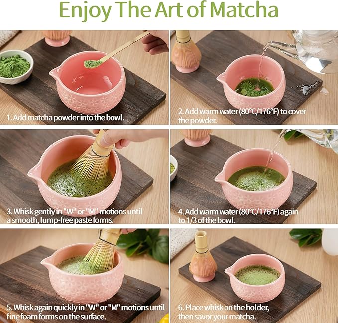 Matcha Whisk Set Matcha Kit: Ceramic Matcha Bowl, Matcha Whisk Holder, Bamboo Whisk(Chasen), Bamboo Scoop, 4Pcs Matcha Tea Set for Matcha Lover, Family Christmas Birthday Gift (Pink)