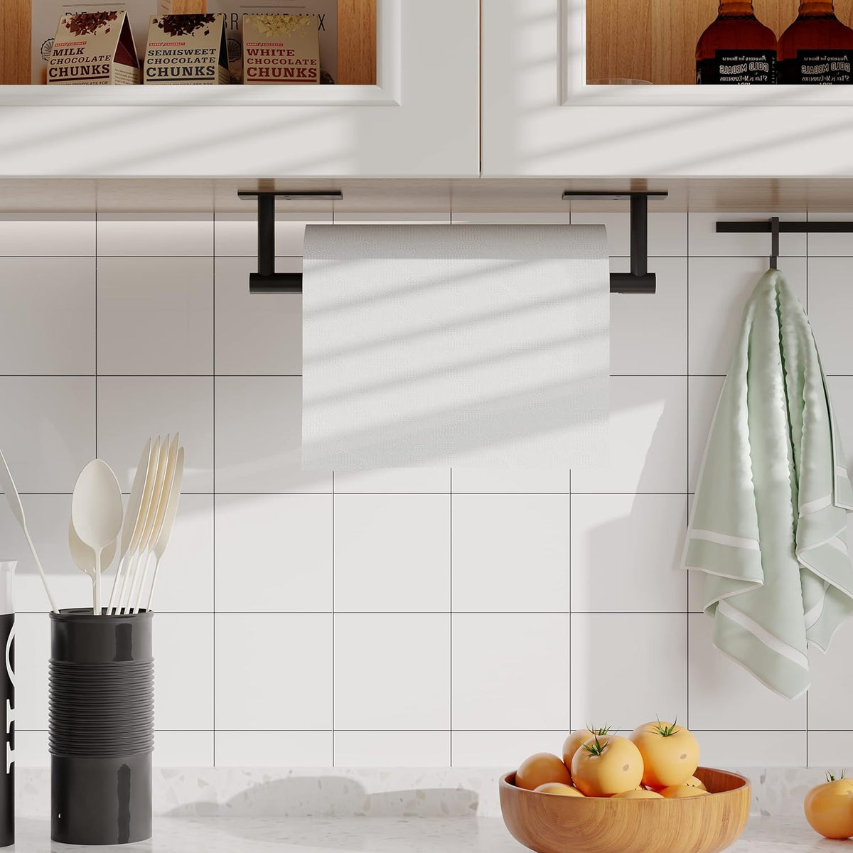 Ruacq Matte Black Paper Towel Holder Double Post Pivoting Square Base Under Cabinet Paper Towel Holder for Kitchen Self-Adhesive or Drill mounting