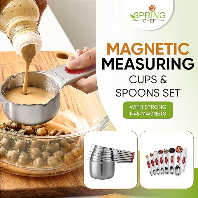 Spring Chef Magnetic Measuring Cups & Spoons Set, Patented, Strong N45 Magnets, Heavy Duty Stainless Steel Fits in Spice Jars for Baking & Cooking, BPA Free, Round Set of 15 with Leveler, Red