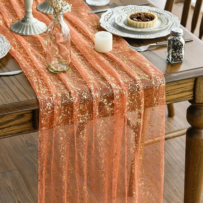 Artoid Mode Orange Gold Gauze Table Runner 120 Inch 10FT, Glitter Metallic Foil Sheer Dining Wedding Anniversary Holiday Table Decor for Home Party