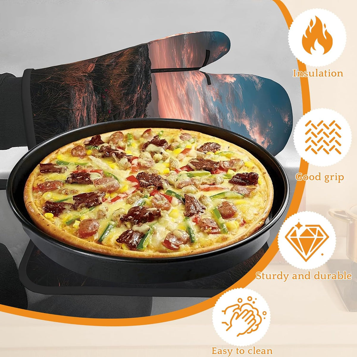 Cross Oven Mitts and Pot Holders Set,Sunset Mountain Kitchen Decor Heat Resistant Non Slip Hot Pads and Oven mitt for Chef Cooking Baking BBQ Mom Girl Gifts(4 Piece Set)