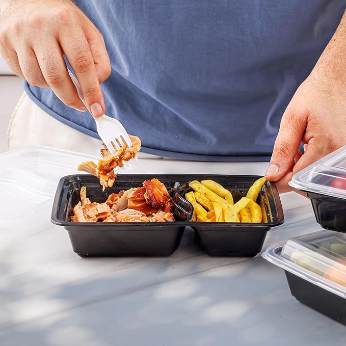 GUSTO [28 oz - 50 Count 2-Compartment Meal Prep Containers with Lids – Reusable, Microwaveable, Dishwasher & Freezer Safe, BPA-Free Food Storage Boxes for Portion Control (Formerly Comfy Package)