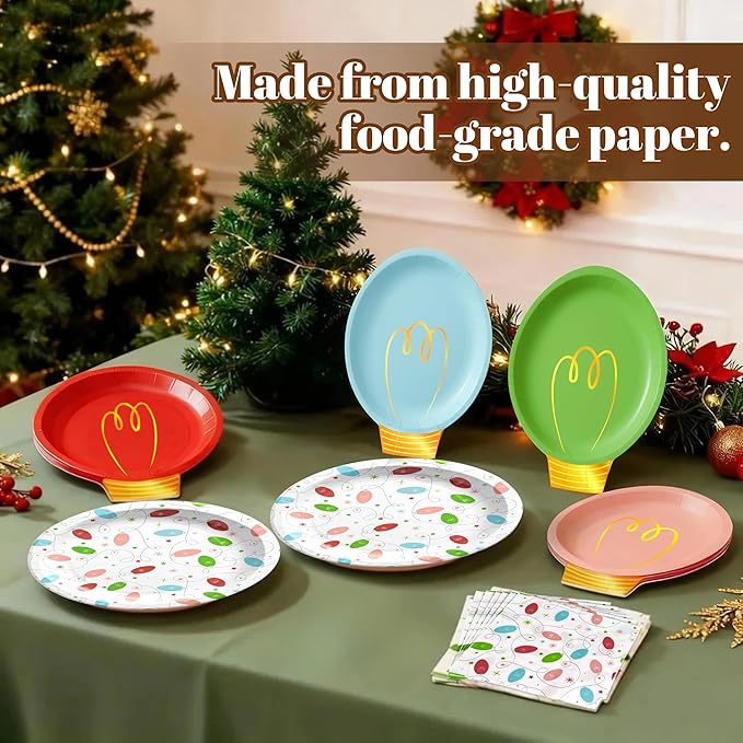 OuMuaMua 150Pcs Christmas Paper Plates and Napkins Set Disposable, Heavy Duty Christmas Light Bulb Design Party Supplies Serve 50, Fancy Disposable Dinnerware Set for Holiday Home Xmas Party Decor
