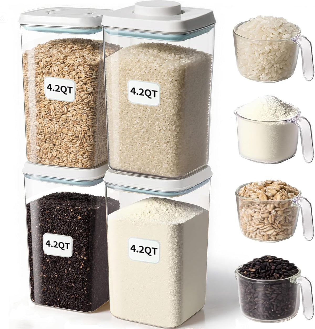 Rice Container Flour Container Airtight Food Storage Container - Pop Containers With Lids, Bpa Free Stackable Container for Coffee Cereal Spaghetti Kitchen Organizer (4000ml / 4.2qt *4)