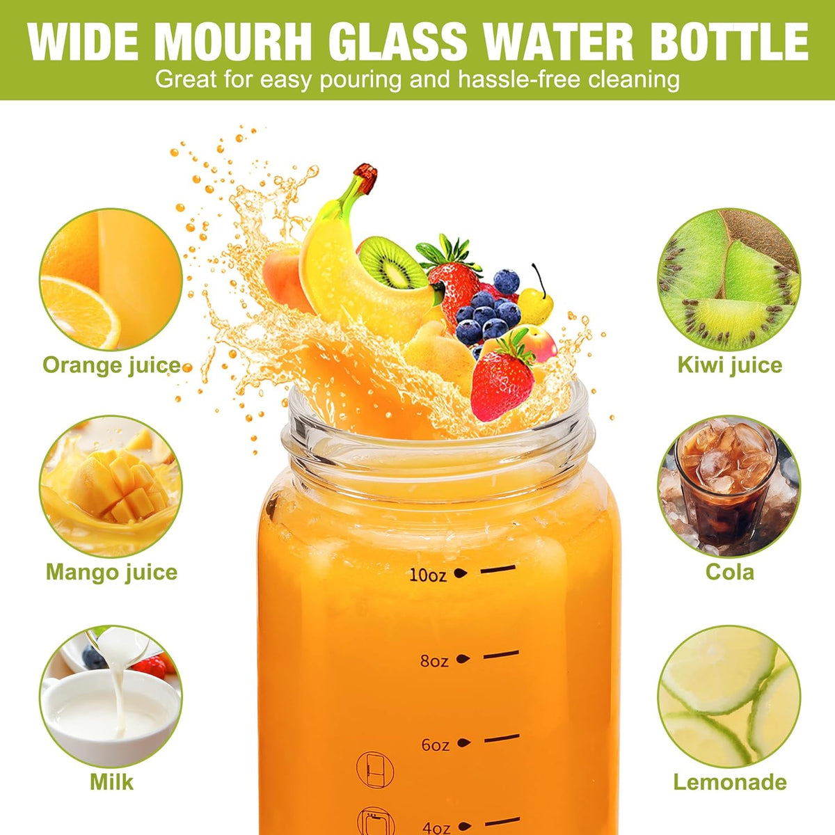 10oz Glass Juice Bottles – 4 Pack Reusable Wide Mouth Bottles with Stainless Steel Lids & Cleaning Brush, BPA-Free Water Bottles for Juicing, Smoothies, Milk, and Protein (300ml)