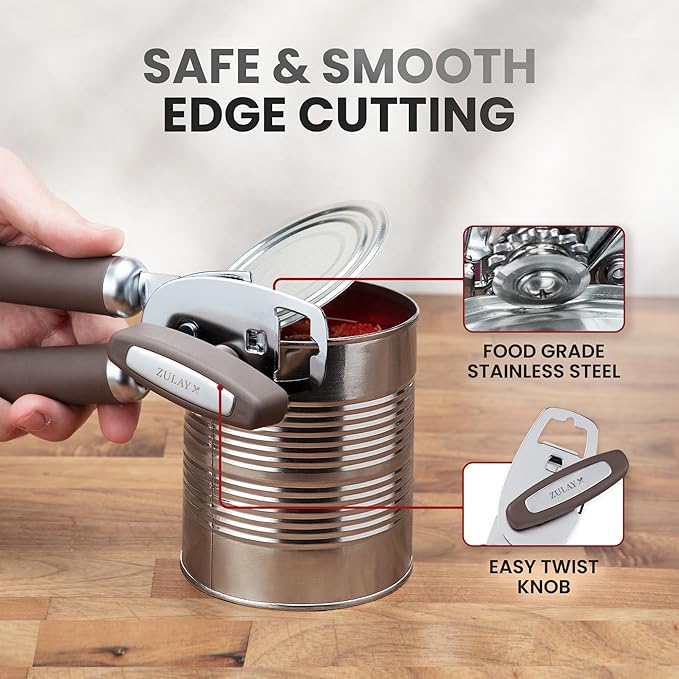 Zulay Kitchen Heavy Duty Stainless Steel Can Opener Manual with Bottle Opener - Rust Proof Manual Can Opener With Turn Knob & Comfy Soft Grip Handles - Brown