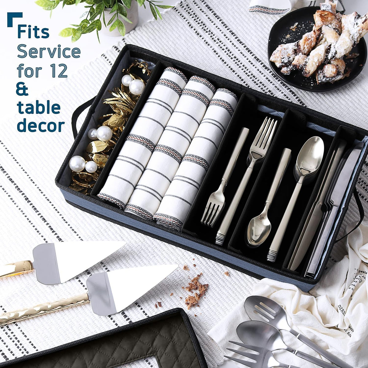 Flatware & Utensil Storage, Durable Silverware Storage Box with Padded Dividers, 5 Compartment Flatware Storage Case, Silverware Case with Handles, Protects and Organizes Cutlery, Blue
