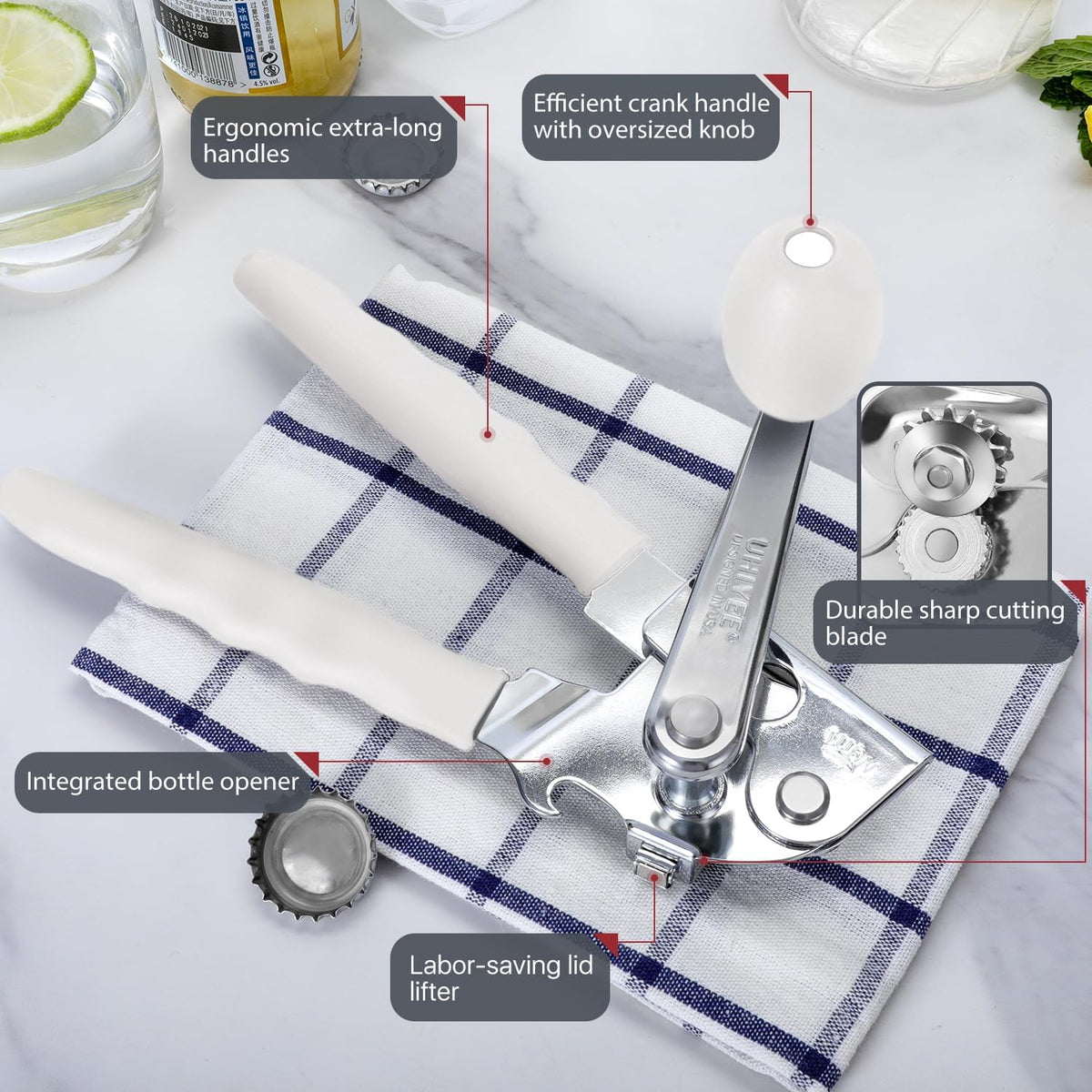 Commercial Can Opener, UHIYEE Hand Crank Can Opener Manual Heavy Duty with Comfortable Extra-long Handles, Oversized Knob, Large Handheld Can Open Easy for Big Cans, White