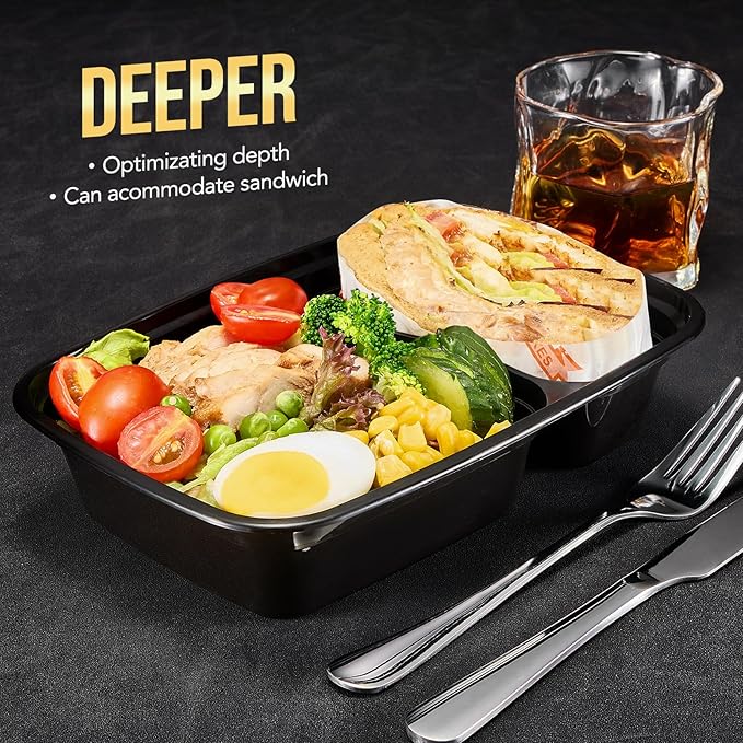 Glotoch 50 Pack 32 oz Meal Prep Containers Reusable, 2 Compartment Food Containers with Lids To Go Containers, Lunch-Microwave, Freezer, Dishwasher Safe