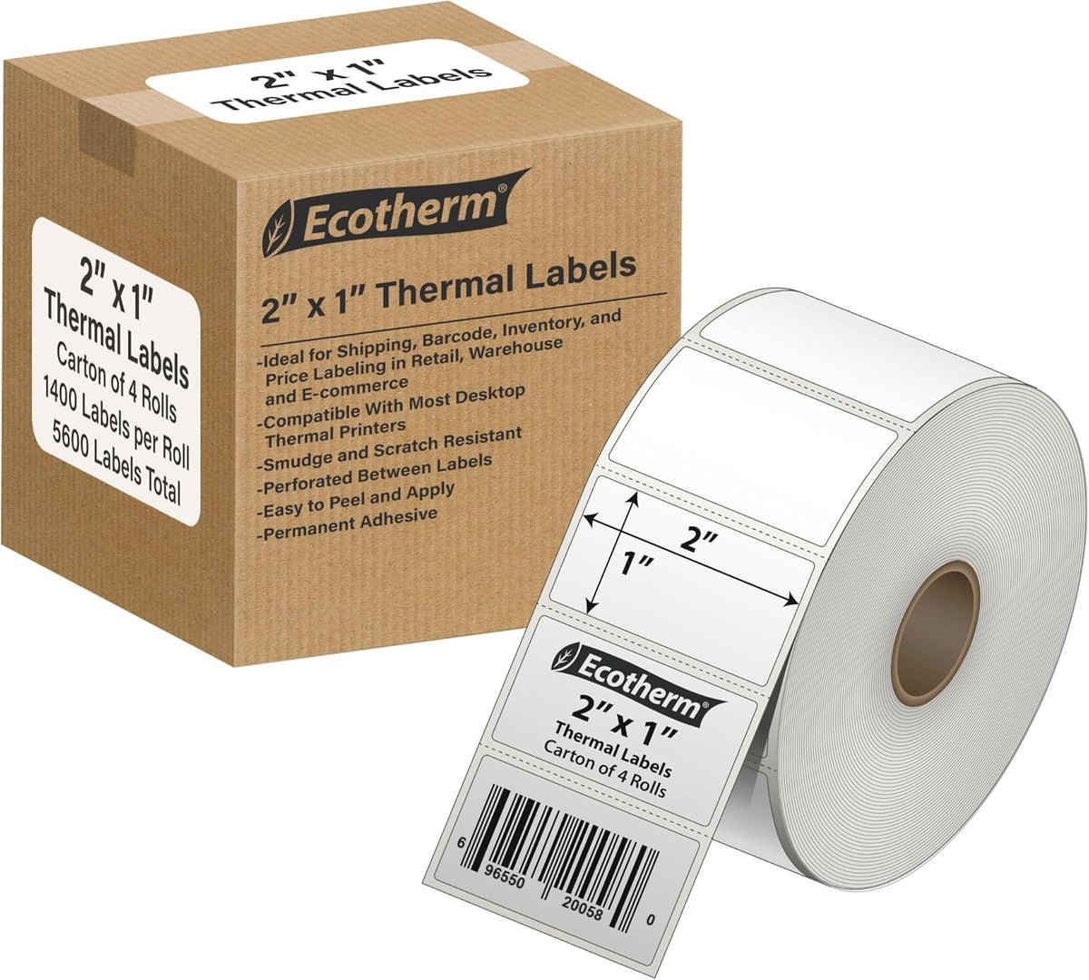 2"x1" Thermal Labels for Rollo, Munbyn, Zebra, Godex, Arkscan, iDPRT, Offnova Printers and More - White Paper Stickers - Small Multipurpose Barcode Labels | 5600 Labels | 4 Rolls | by Ecotherm