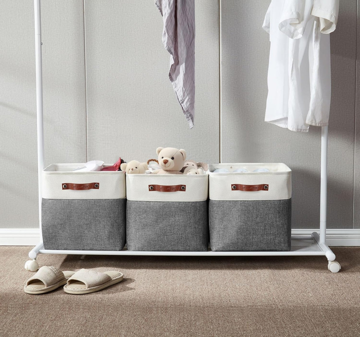 DECOMOMO Storage Cubes, 12x12 Storage Bins, Baskets for Shelves (Grey & White, Cube 12" - 4 Pack)