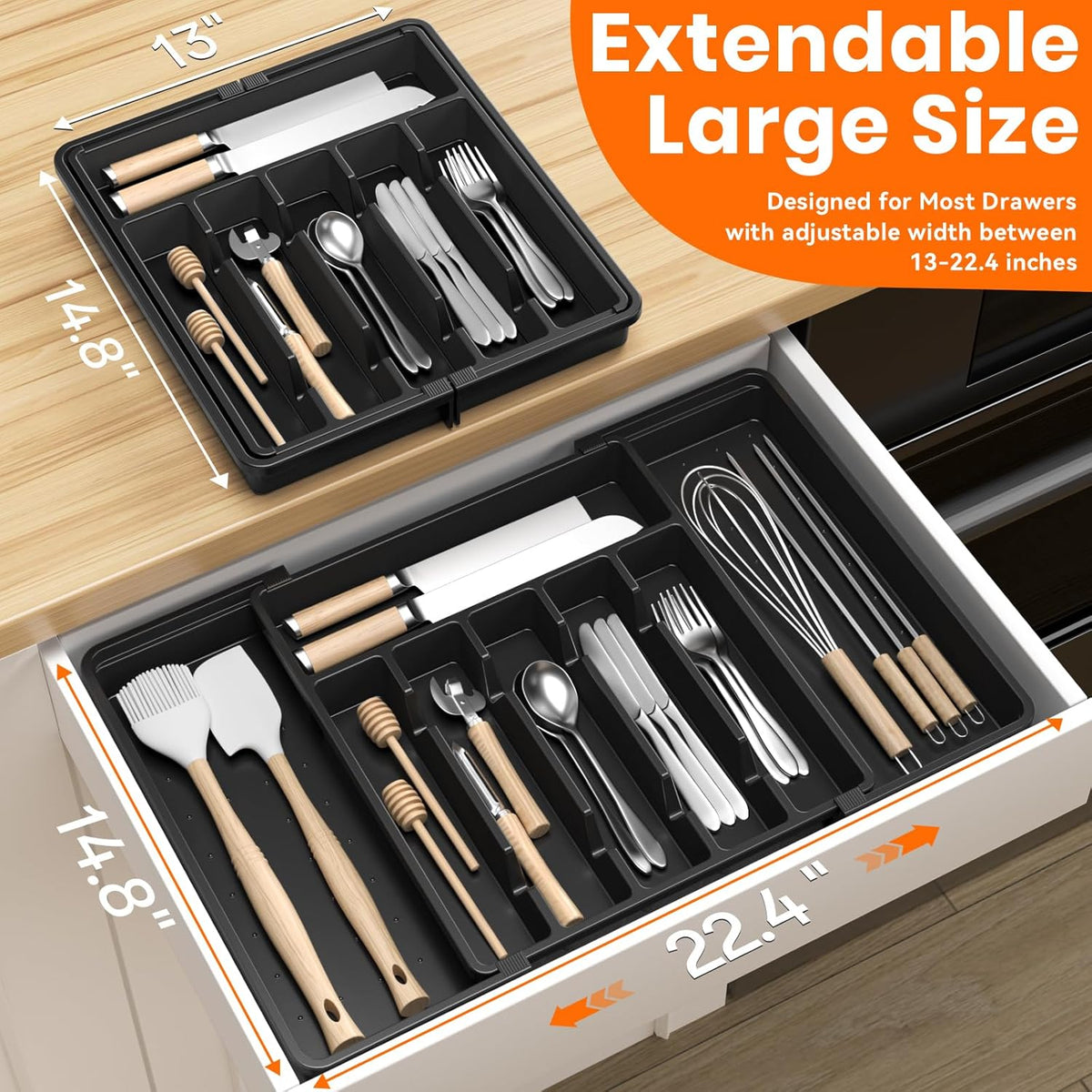 Large Silverware Organizer,Expandable Utensil Drawer Organizer,BPA Free Utensil Holder,Adjustable Silverware Tray Cutlery Drawer Organizer for Kitchen Flatware,Large,Black,2 Pack
