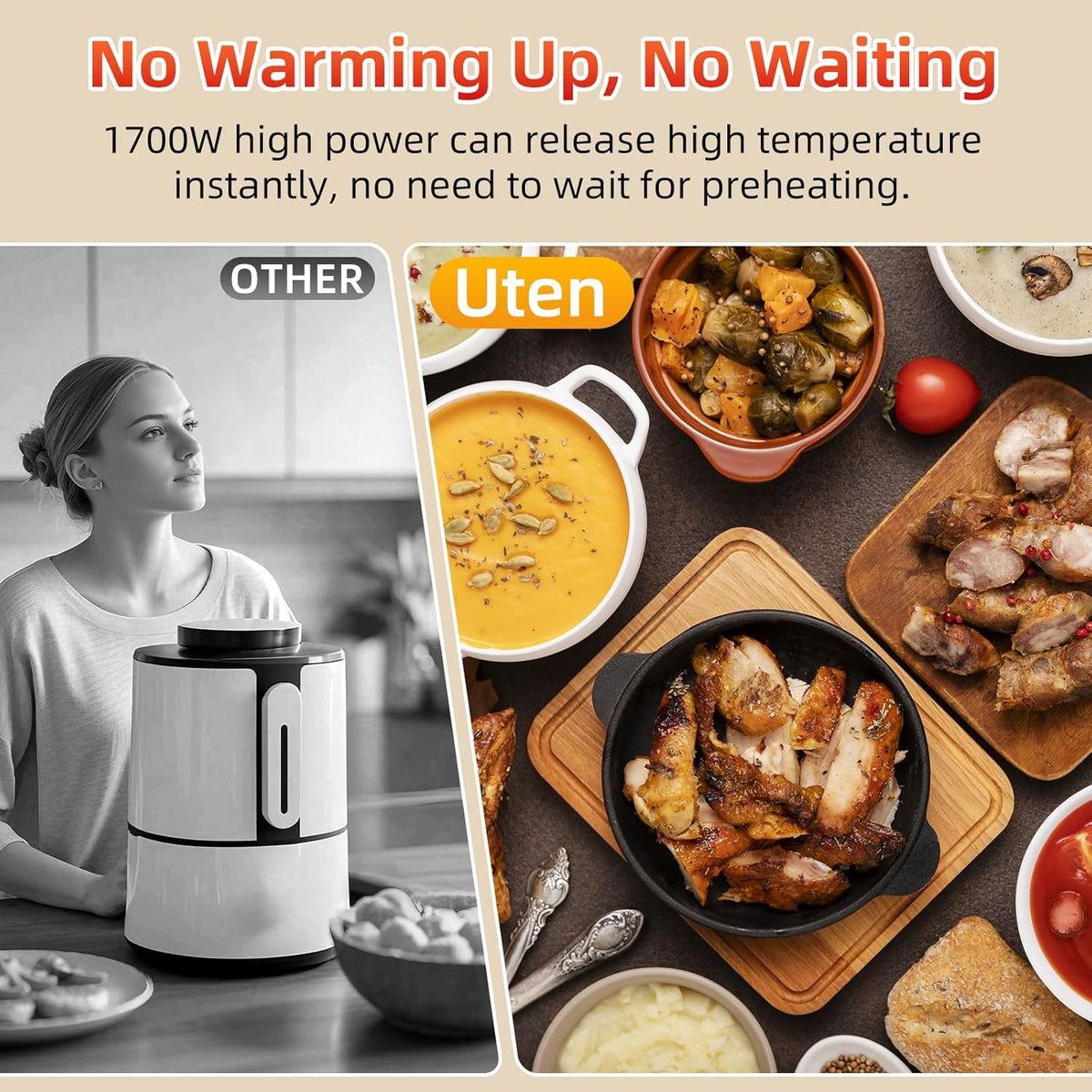 Air Fryer 5.8Qt/5.5L - Uten Electric Airfryer with Temperature Control, Timer, Non-Stick Fry Basket, 1700W High-power, Fast Oven Oilless Cooker, Dishwasher Safe - A Great Kitchen Assistant