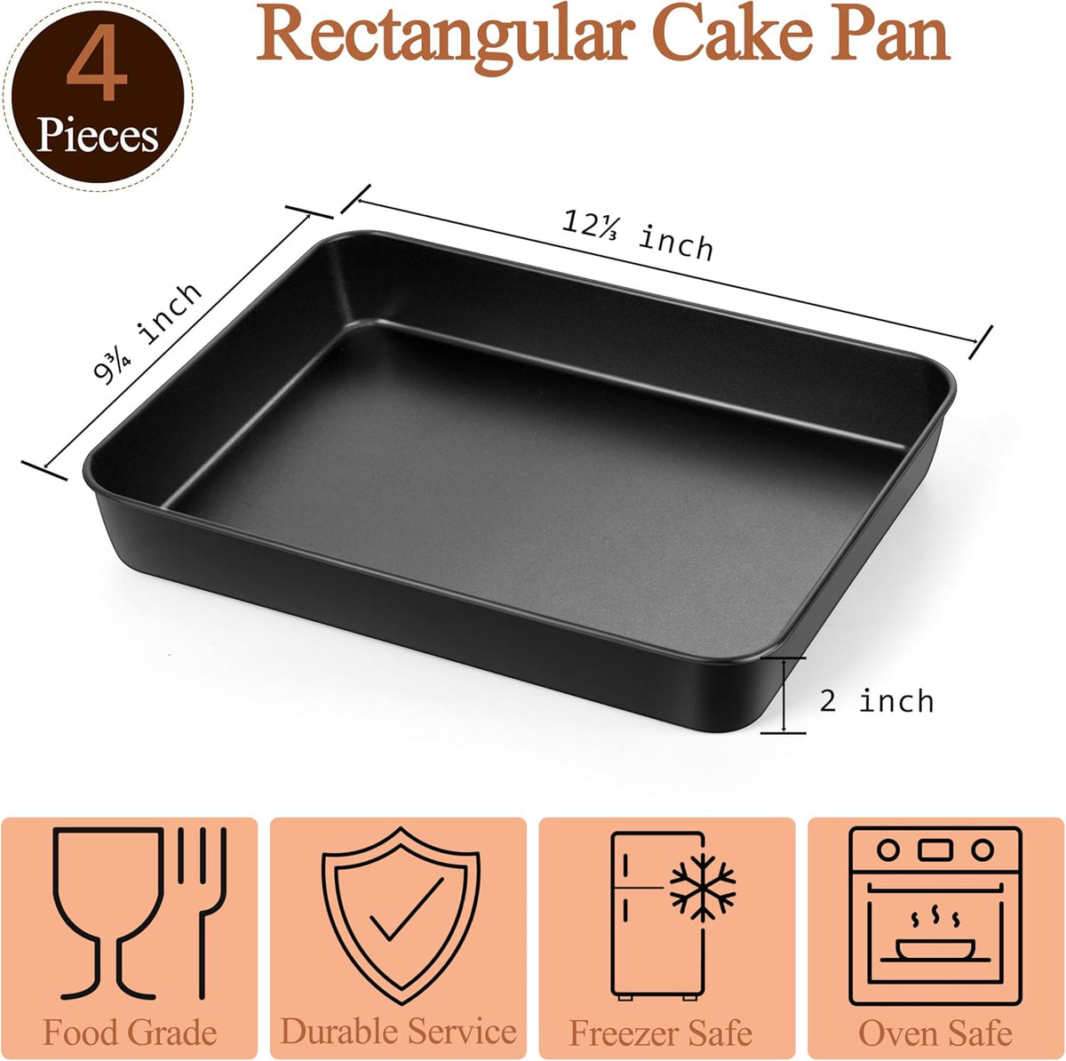 LIANYU 12⅓ x 9¾ x 2 Inch Non-stick Baking Pan Set of 4, Rectangle Cake Lasagna Brownies Casseroles Pan, Bakeware for Cooking Roasting Toaster Oven, Stainless Steel Core & Easy Release