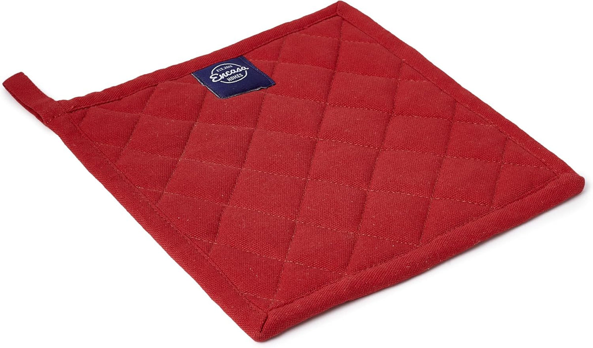Encasa XO Heat Resistant Cotton Pot Holders with Hanging Loop - Set of 2 - Red - Multipurpose Quilted Everyday Hot Pad for Kitchen, Camping, BBQ & Microwave - 8x8 in
