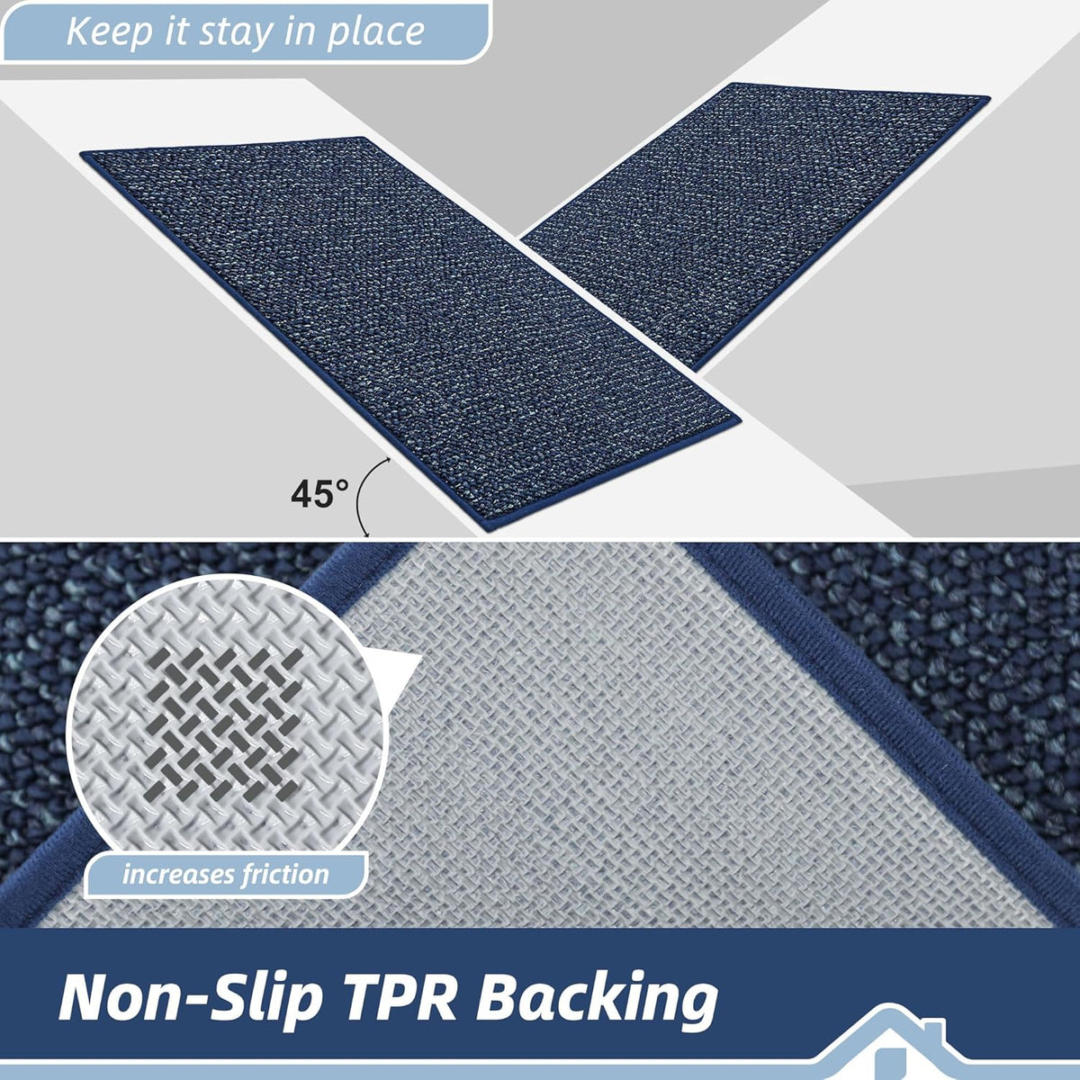 BEQHAUSE Kitchen Runner Rugs 24"x60", Non-Slip Kitchen Mats for Floor, Super Absorbent and Stain Resistant Kitchen Rug, Machine Washable Rugs for Kitchen, Hallway, Laundry & Sink, Blue