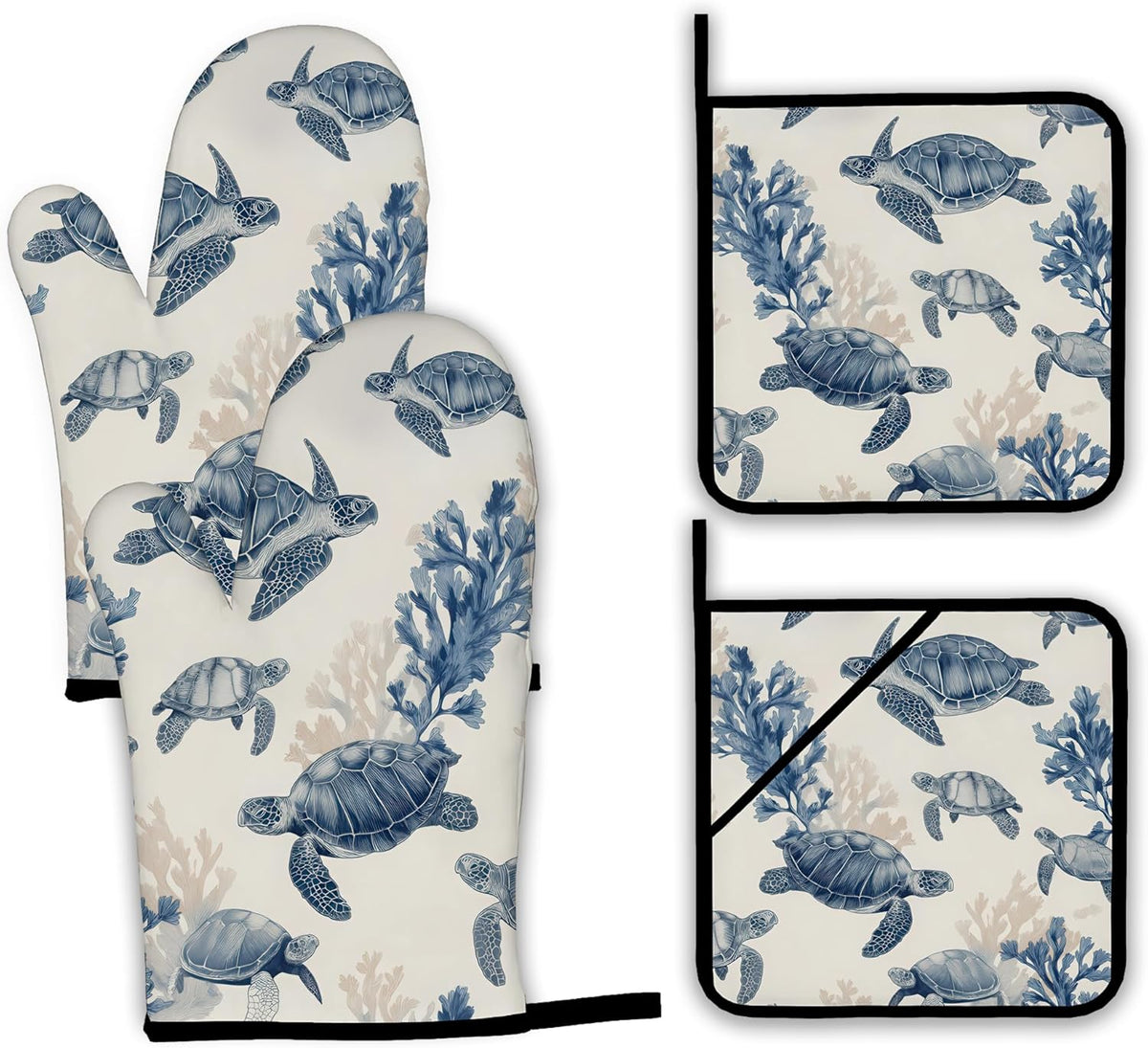 Turtle Coral Oven Mitts and Pot Holders Set,Kitchen Oven Gloves and Pot Holder with Heat Resistant Non Slip for Cooking Baking Grilling(4 Piece Set)
