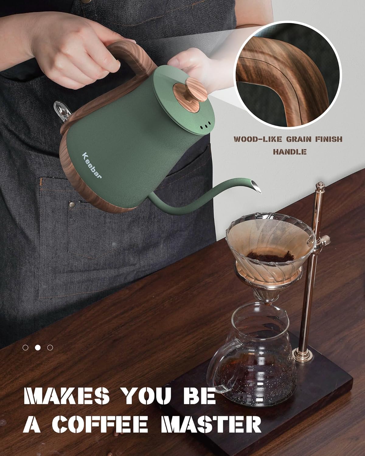 Gooseneck Electric Kettle, Electric Tea Kettle Stainless Steel, Pour over kettle for Coffee, 1000W Hot Water Kettle Electric Auto Shut Off, 0.8L, Wood-like Grain Finish Handle, Matcha Green