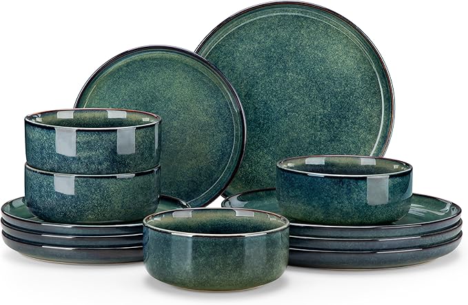 vancasso Starry 12 Pieces Dinnerware Sets for 4, Green Reactive Glaze Dishes Sets, Ceramic Plates and Bowls Set, Dinner Salad Dessert Plates, and Cereal Bowls Set, Dishwasher and Microwave Safe