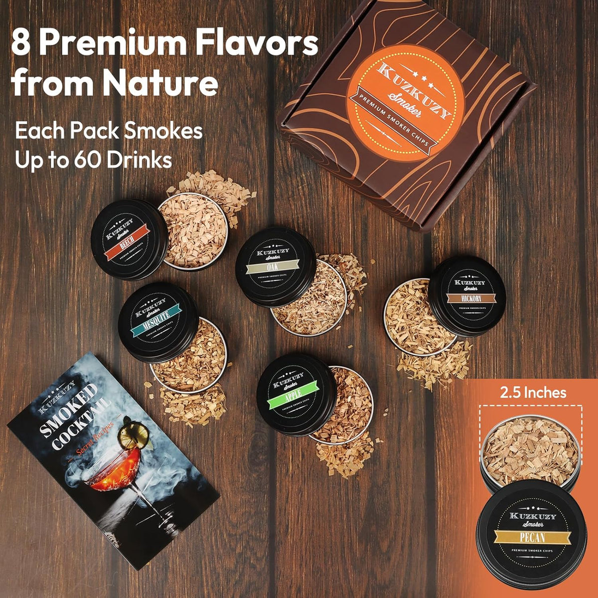Cocktail Smoker Wood Chips Variety Pack - 8 Unique Flavors for Bourbon Whiskey Smoker Kit - Apple, Hickory, Cherry, Pear, Oak, Pecan, Beech, Mesquite, Perfect for Gift for Whiskey Lover & Home Bar