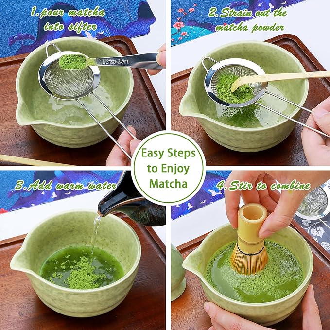 Matcha Whisk Set,11Pcs Matcha Set,Matcha Kit,Whisk Made from 100% Natural Bamboo, 11-component set for all your matcha-making needs,Contains stainless steel spoon, measuring cup(green)