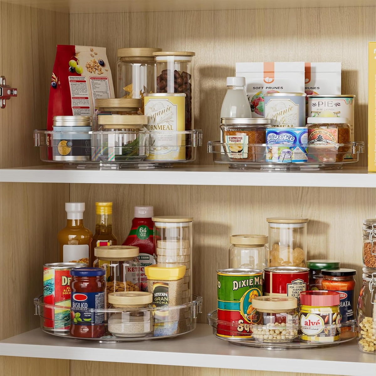 LAMU 4 Pack Lazy Susan Organizer, Clear Lazy Susan Turntable for Cabinet, Refrigerator, Table Top, Kitchen, Bathroom, Pantry Organizers and Storage, 2 Sizes Included 12in, 10.6in