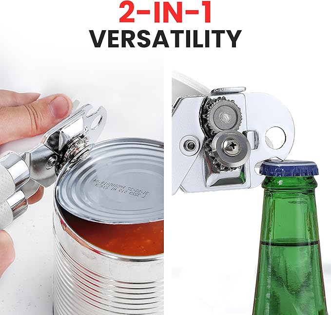 Zulay Kitchen Heavy Duty Stainless Steel Can Opener Manual with Large Bottle Opener - Manual Can Opener with Turn Knob with Soft Grip Handles - White