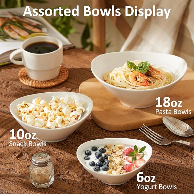 Teocera 6 Inch Ceramic Breakfast Bowls Set of 6, 10 Ounce Small Yogurt Bowls for Salad, Soup, Dessert, Microwave & Dishwasher Safe - White