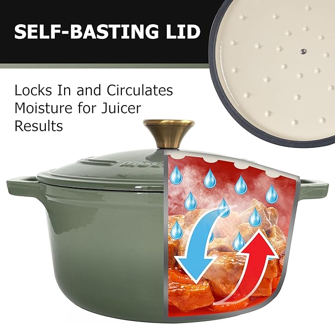 MUELLER HOME 6 Quart Enameled Cast Iron Dutch Oven For Sourdough Bread Baking, Heavy-Duty, Oven-Safe up to 500° F & Across All Cooktops, Casserole Dishes, Green Kitchen Accessories, Thyme Green