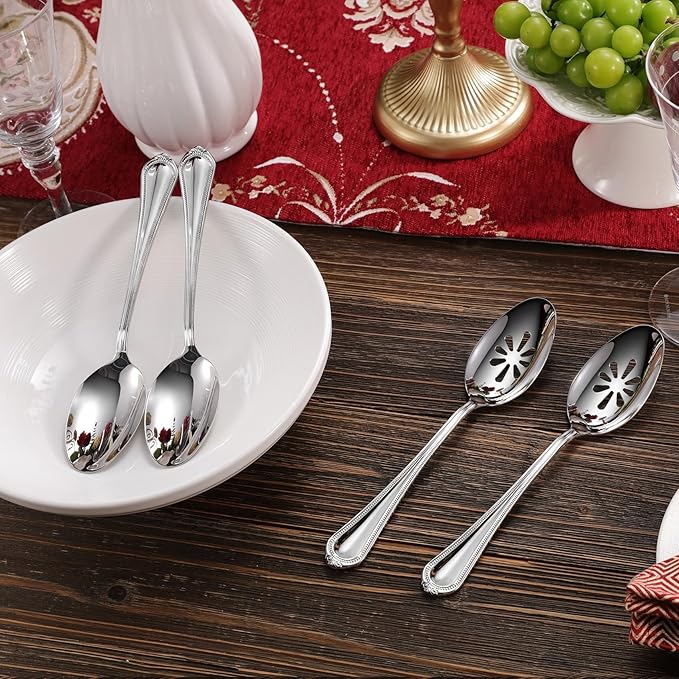 KEAWELL Pearl Edge 4-Piece Premium Spoon Set, 18/10 Stainless Steel, Fine Silverware Spoons with Refined Bead Design, Brightly Polished, Dishwasher Safe (Silver, 9" Serving Spoons)