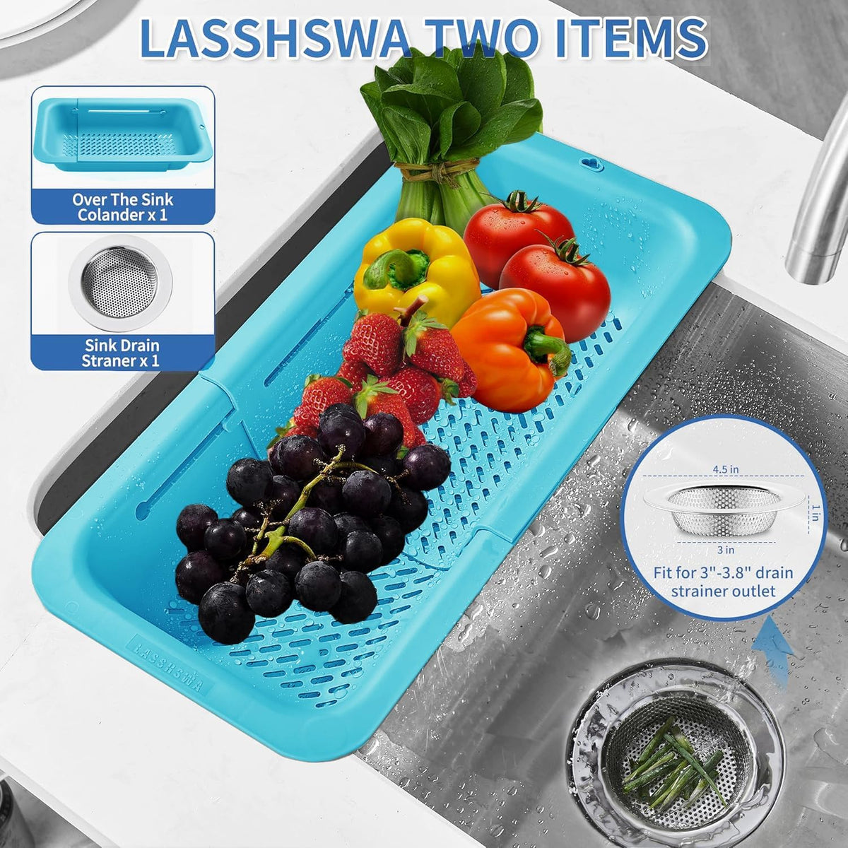 LASSHSWA Collapsible Colander and Strainer for Kitchen, Over the Sink Strainer Basket for Kitchen, Fruit Pasta Food Strainer Expandable Plastic Colander with A Sink Drain Strainer Stainless Steel