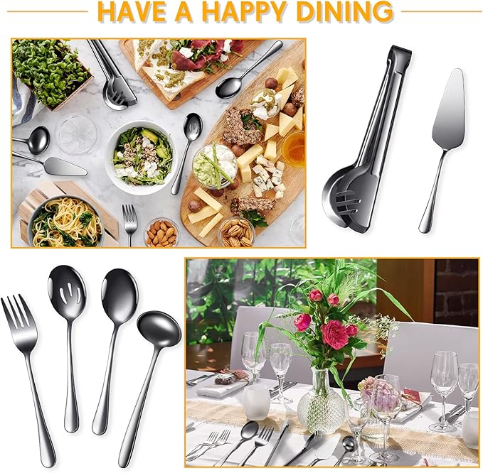 Patelai Serving Utensils Set Include Stainless Steel Large Spoons Slotted Spoons Forks Tongs Soup Ladle and Pie Server for Parties Buffet Catering, Dishwasher Safe(Black,10 Pieces)