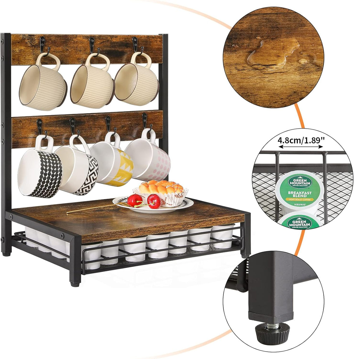 IBUYKE Coffee Pod Drawer, Rustic Coffee Mug Holder for Countertop, 8 Hooks and 35 Capsules Capacity, Coffee Station Organizer with Mug Hooks, Wood Mug Tree Holder for Kitchen Coffee Bar,TCJ003H
