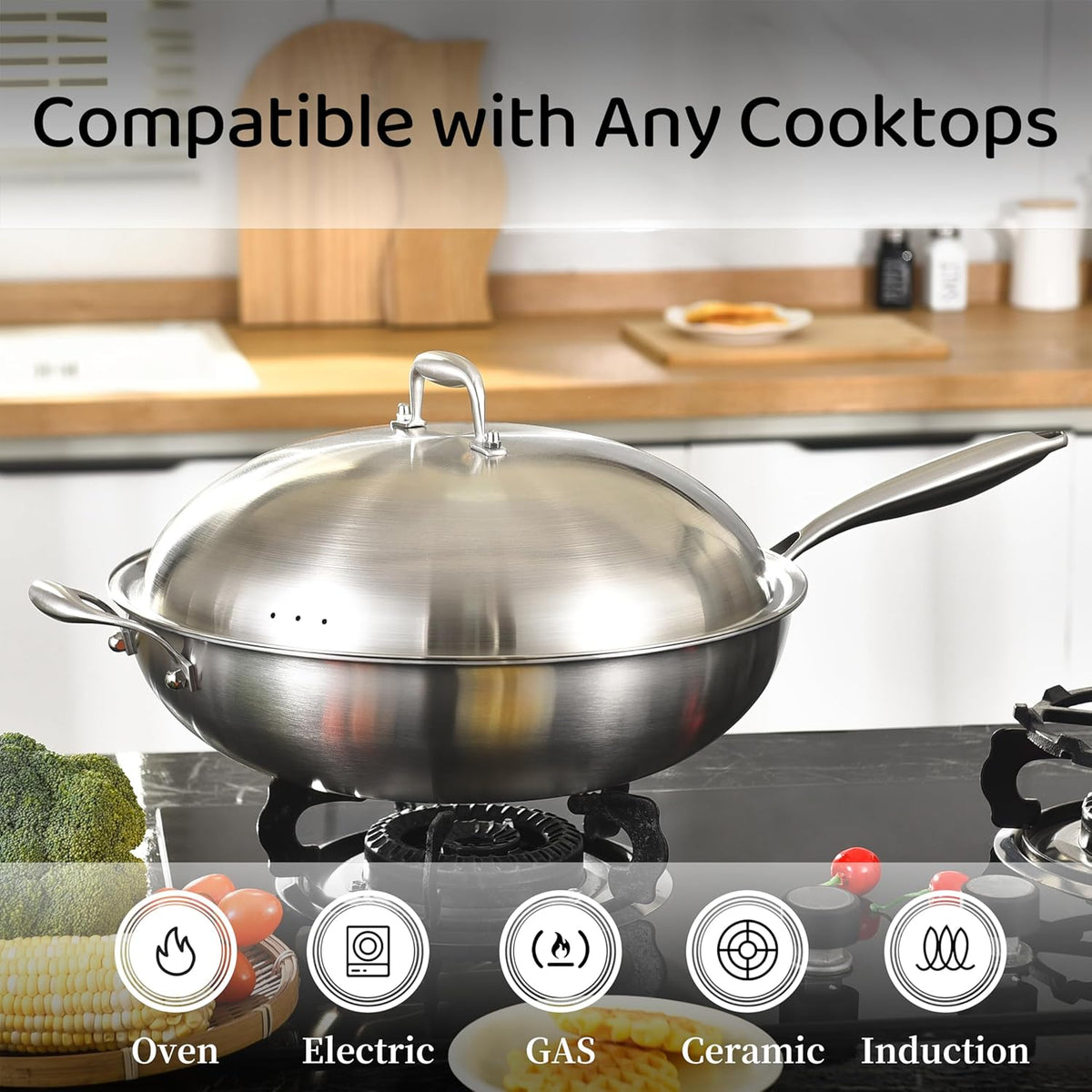 LOLYKITCH Tri-Ply 14.5 Inch Stainless Steel Wok Pan with Steel Lid, Stir-Fry Pan,Induction Cooking Pan,Dishwasher and Oven Safe