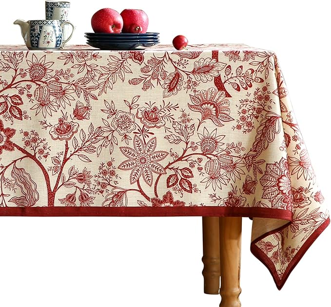ISAENNE Designer French Linen Tablecloth Rectangular,Red Floral Washable Indoor Table Cloth,Durable Home Decor Tablecloths for Dining Thanksgiving Kitchen Party Christmas,55"*87"-Ruyi A