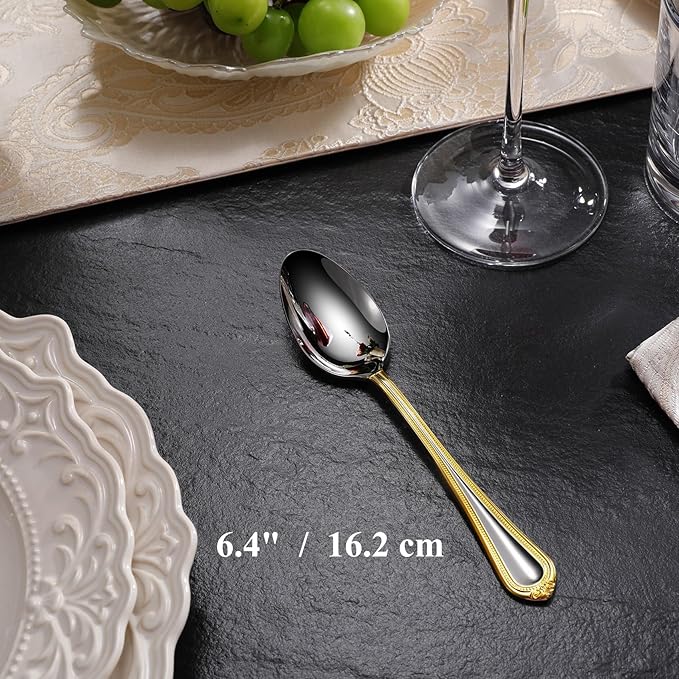 KEAWELL Pearl Edge 4-Piece Premium Spoon Set, 18/10 Stainless Steel, Fine Silverware Spoons with Refined Bead Design, Brightly Polished, Dishwasher Safe (Gold Accent, 6.4" Teaspoons)