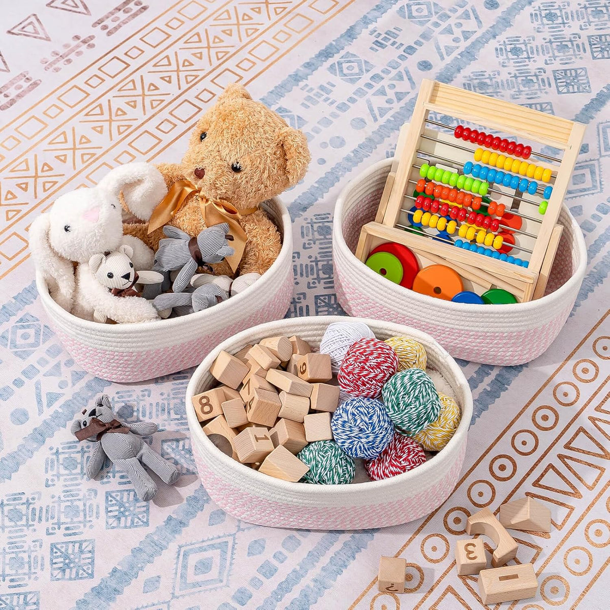 CubesLand Rectangle Organization/Storage Basket, Natural Cotton Rope Woven Baskets for Organizing, Small Basket for Kids, Baby Nursery, Cat Dog Toy Baskets, Organizer Bins for Shelves 3 Packs