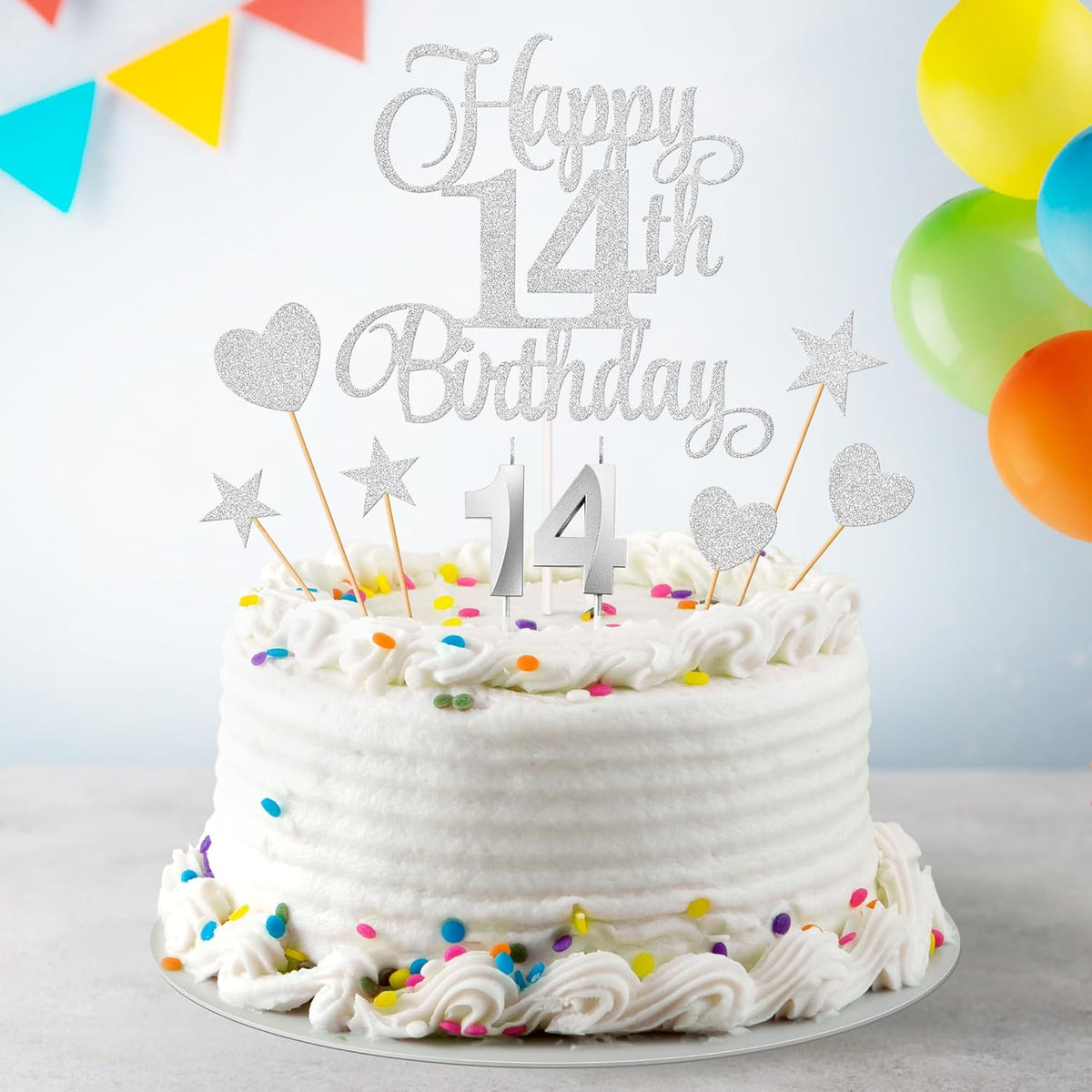 14th Birthday Cake Decorations, 14th Birthday Candles Cake Numeral Candles and Glitter Happy 14th Birthday Cake Toppers Set for Birthday Party Supplies (Silver)